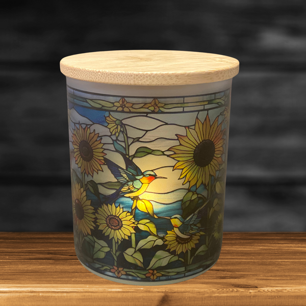 Sunflowers and Humming Birds Stained Glass Candle Jar with Tea Light