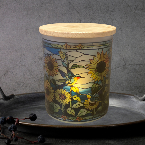 Sunflowers and Humming Birds Stained Glass Candle Jar with Tea Light