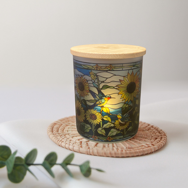 Sunflowers and Humming Birds Stained Glass Candle Jar with Tea Light