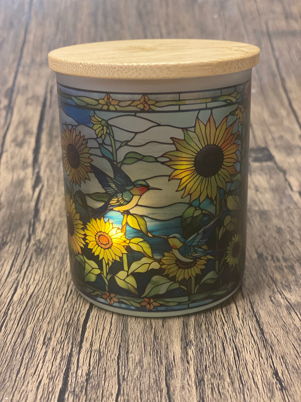 Sunflowers and Humming Birds Stained Glass Candle Jar with Tea Light