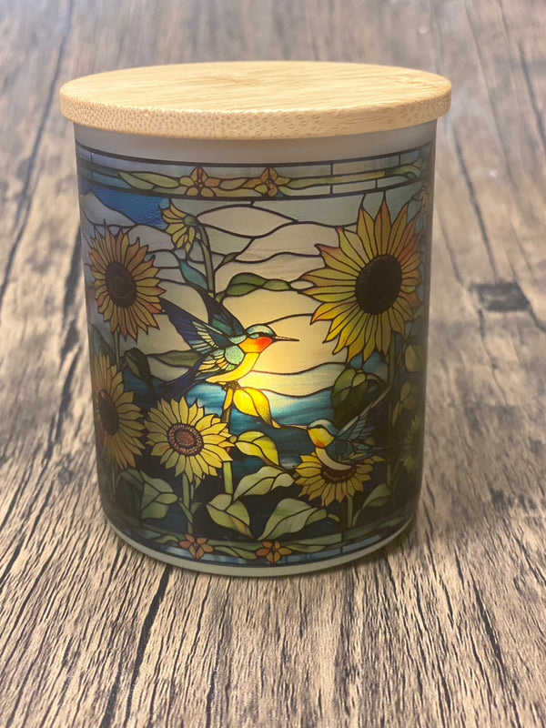 Sunflowers and Humming Birds Stained Glass Candle Jar with Tea Light