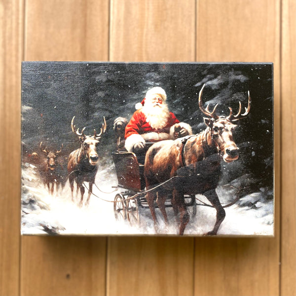 Santa in Sleigh with Reindeer Wooden Box style sign