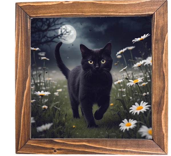 Black Cat in Daisies Spooky Printed Halloween Framed Sign