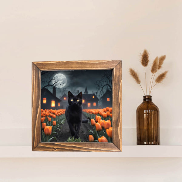 Black Cat in Tulips Spooky Printed Halloween Framed Sign