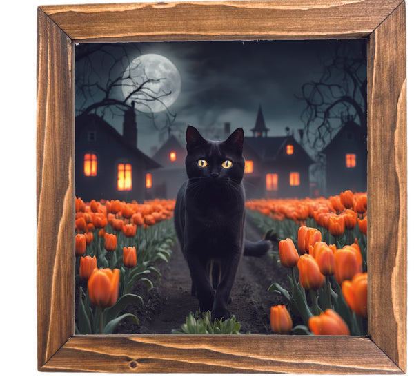 Black Cat in Tulips Spooky Printed Halloween Framed Sign