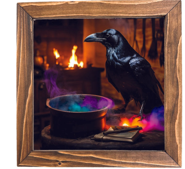 Raven with Spooky Cauldron Brewing Printed Framed Sign