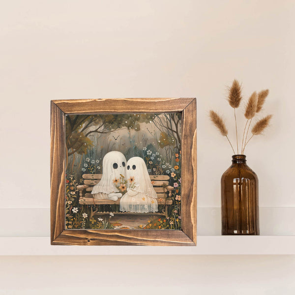 Ghost on Bench Printed Halloween Framed Sign