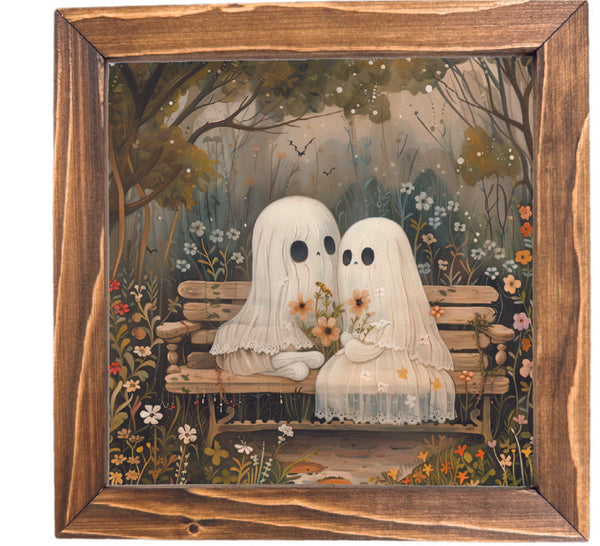 Ghost on Bench Printed Halloween Framed Sign