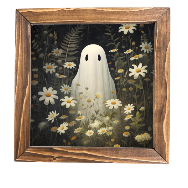 Ghost Daisy Botanical Printed Halloween Framed Sign