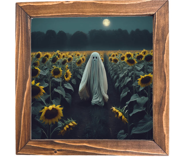 Ghost in Sunflower Field Printed Halloween Framed Sign