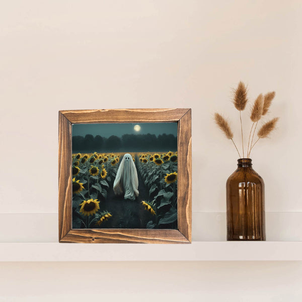 Ghost in Sunflower Field Printed Halloween Framed Sign