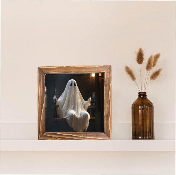 Ghost on Swing Printed Halloween Framed Sign