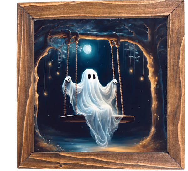 Ghost on Moonlit Swing Printed Halloween Framed Sign