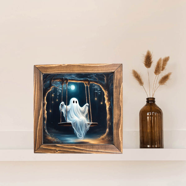 Ghost on Moonlit Swing Printed Halloween Framed Sign