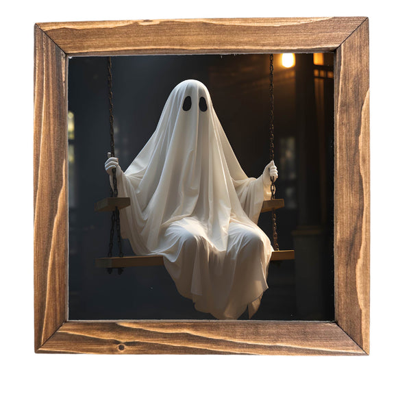 Ghost on Swing Printed Halloween Framed Sign