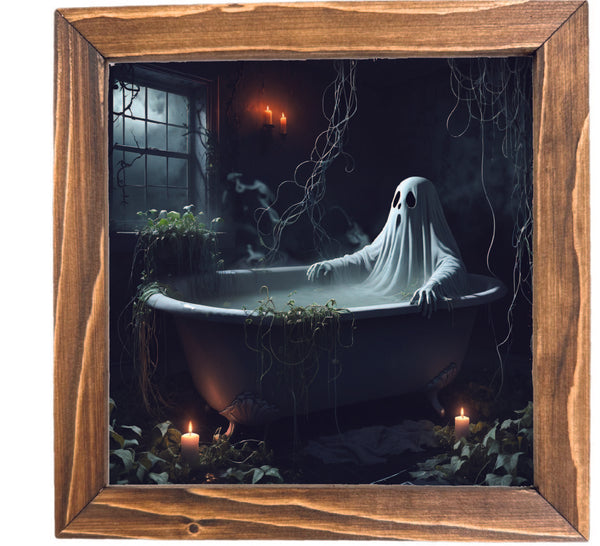 Ghost in Bathtub Printed Halloween Framed Sign