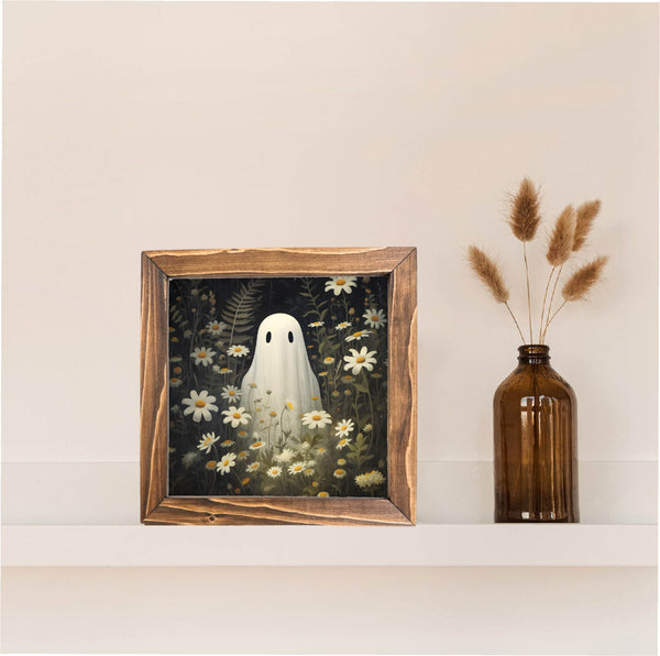 Ghost Daisy Botanical Printed Halloween Framed Sign