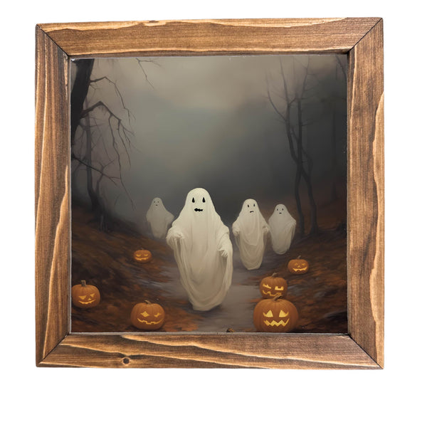 Ghosts Walking By Pumpkins Printed Halloween Framed Sign