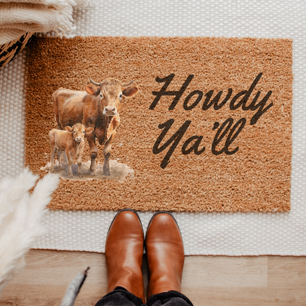 Howdy Door Mat with Cow Design