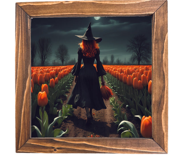 Witch Walking Through Tulips Framed Sign