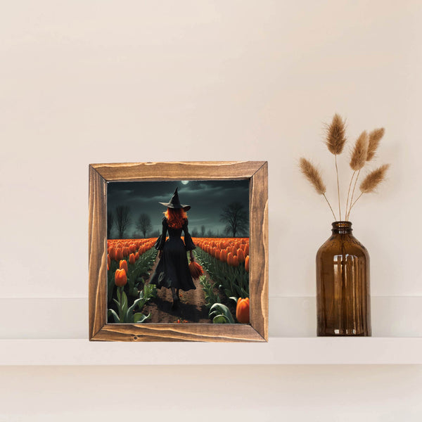 Witch Walking Through Tulips Framed Sign