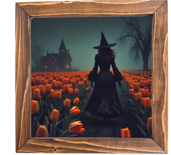 Witch Walking Through Tulips Printed Halloween Framed Sign