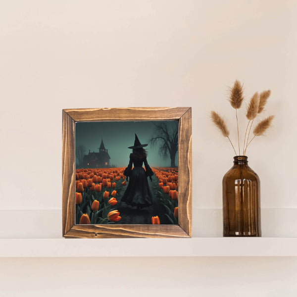 Witch Walking Through Tulips Printed Halloween Framed Sign