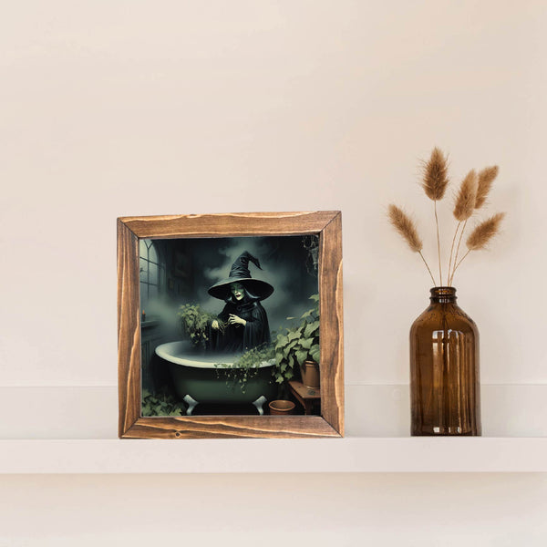 Green Faced Witch in Bath Framed Sign