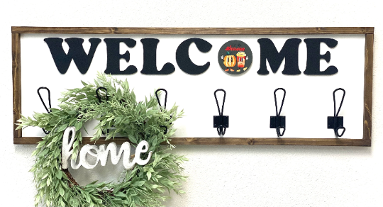 Interchangeable Welcome Sign -Entryway Coat Rack with 9 Inserts and 3D Word Cutout with Metal Hook