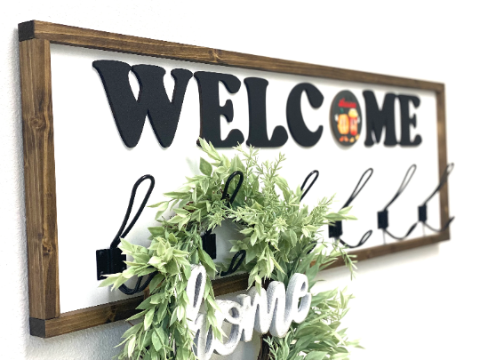 Interchangeable Welcome Sign -Entryway Coat Rack with 9 Inserts and 3D Word Cutout with Metal Hook