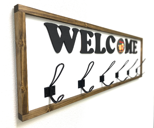 Interchangeable Welcome Sign -Entryway Coat Rack with 9 Inserts and 3D Word Cutout with Metal Hook